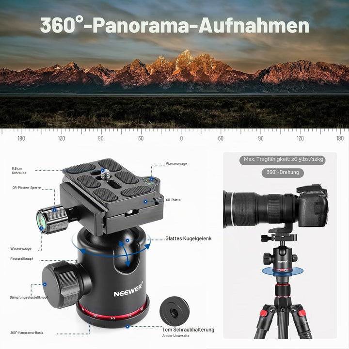 Neewer Kohlefaser 168 Zentimeter Stativ Einbeinstativ mit 360 Grad Kugelkopf, 1/4&