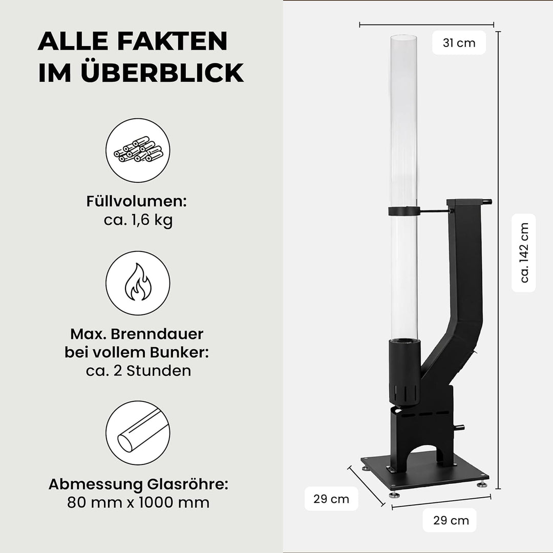 Lemodo Pelletfackel Prime, Feuersäule Outdoor mit Glasröhre, für Garten & Terrasse, für Holzpellets,