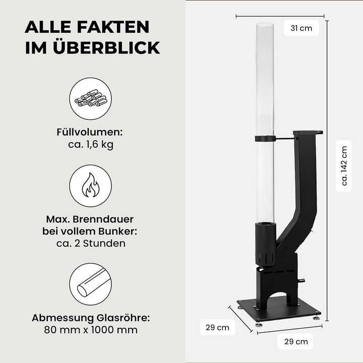 Lemodo Pelletfackel Prime, Feuersäule Outdoor mit Glasröhre, für Garten & Terrasse, für Holzpellets,