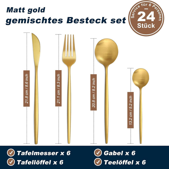 Bestdin Besteck Set 6 Personen, 24 teilig Edelstahl Besteckset Matt Gold Essbesteck Set mit Messer G