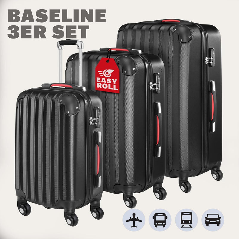 Monzana® 3tlg. Kofferset Baseline | M-L-XL | Gel-Griffe | Kantenschutz | Schloss | Trolley Hartschal