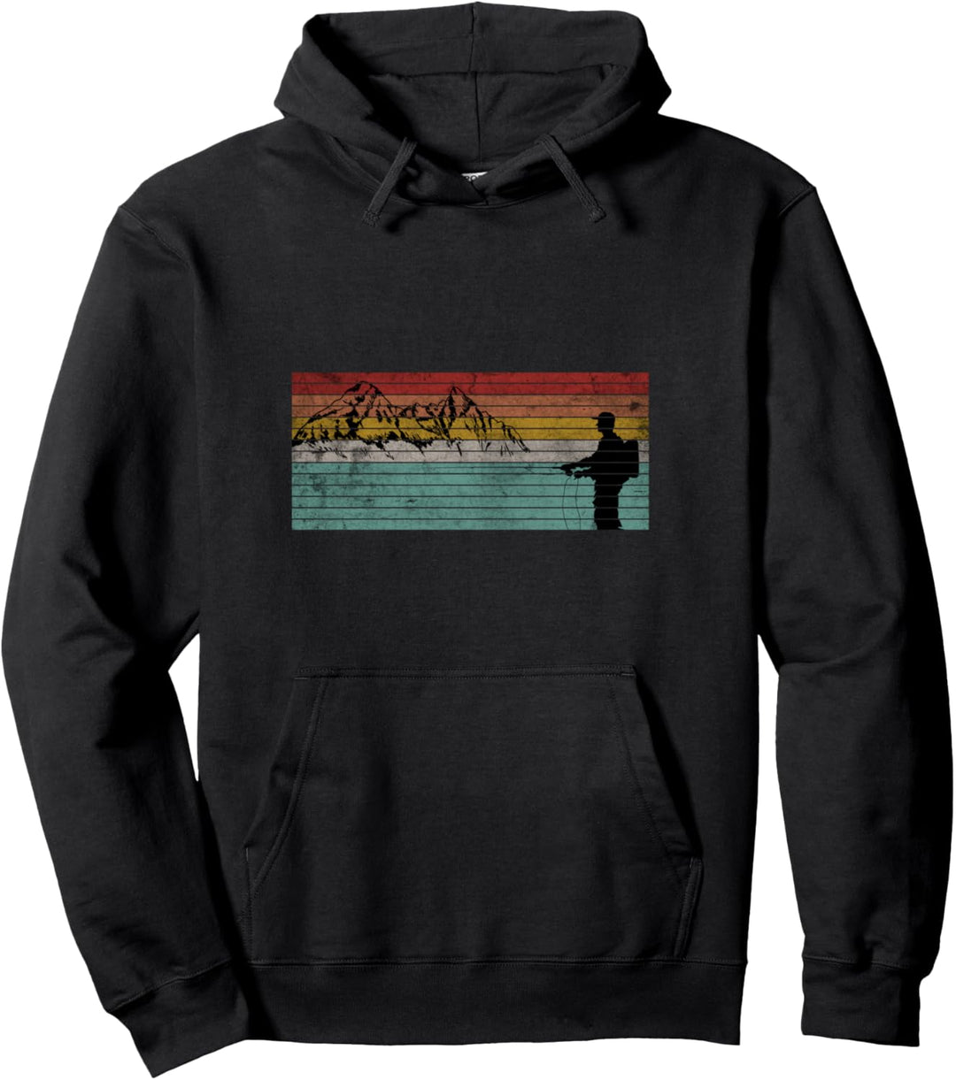 Vintage Fliegenfischer Sonnenuntergang Berge Fliegenfischen Pullover Hoodie