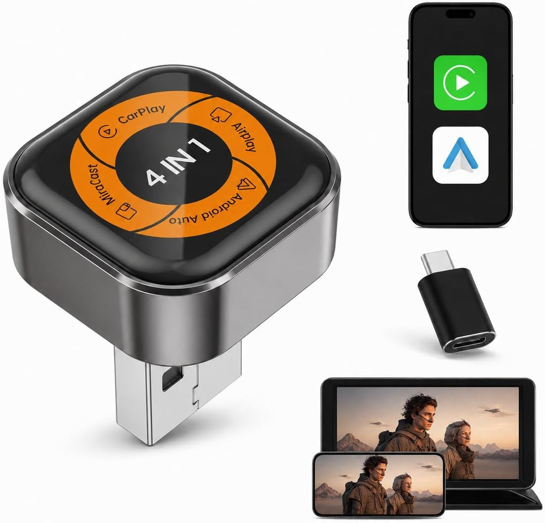 4-in-1 Wireless CarPlay Adapter für Apple CarPlay & Android Auto, AirPlay & MirrorLink Bildschirmspi