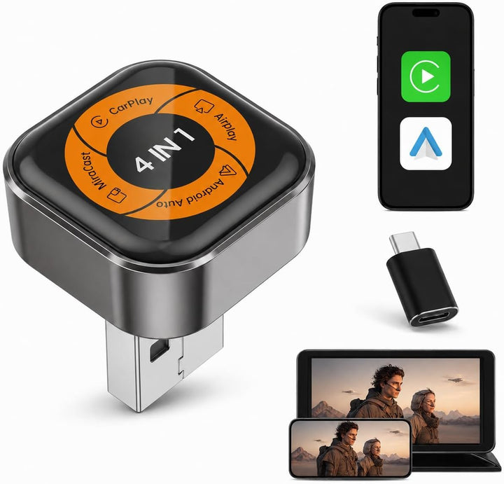 4-in-1 Wireless CarPlay Adapter für Apple CarPlay & Android Auto, AirPlay & MirrorLink Bildschirmspi