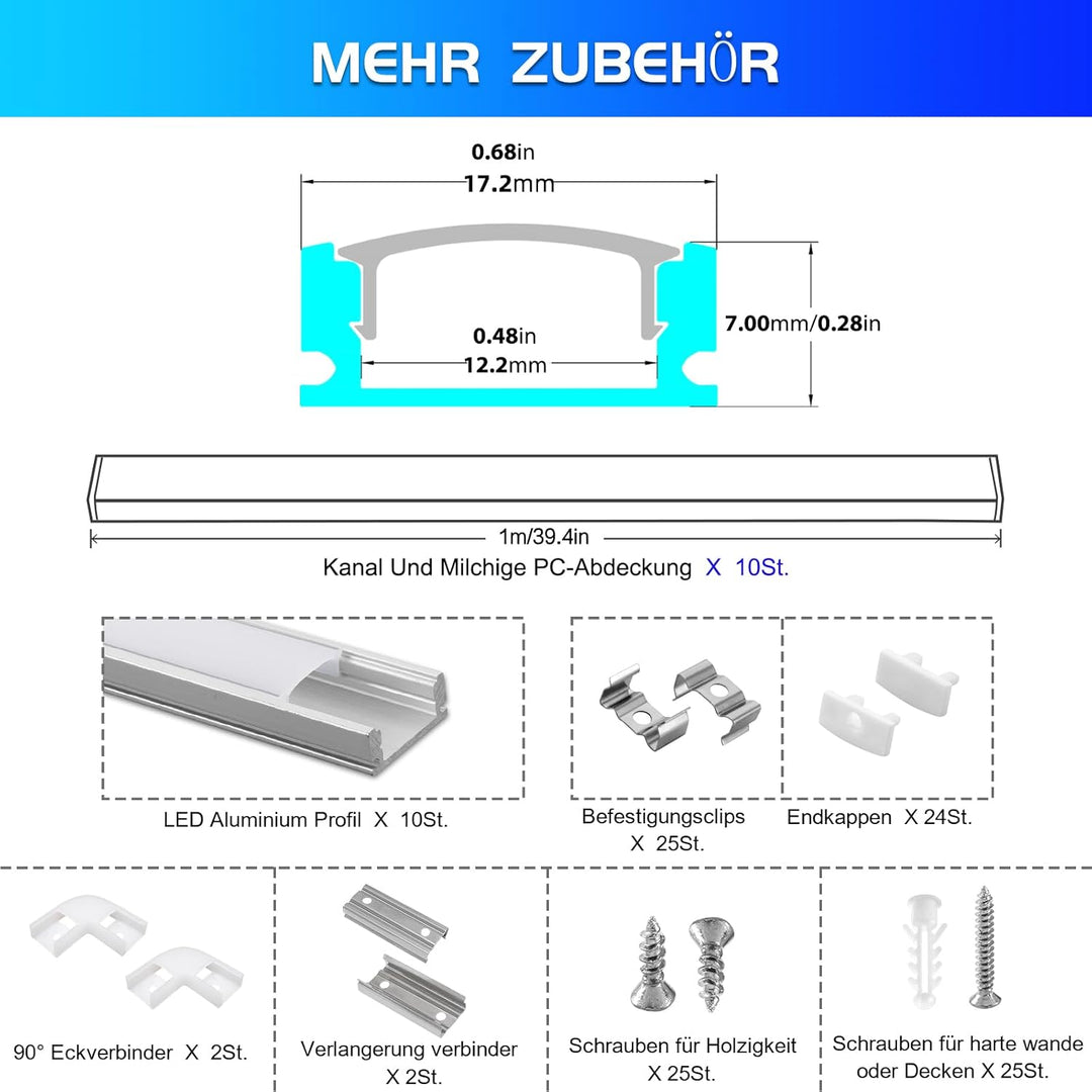 10 Pack LED Profile Aluminium 10 x 1 m, U-Shape Aluminium Profile with Milky Cover for LED Strips, E
