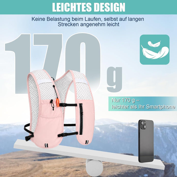 Laufweste Damen und Herren mit 500ml Trinkflasche 170g Hellrosa, Hellrosa