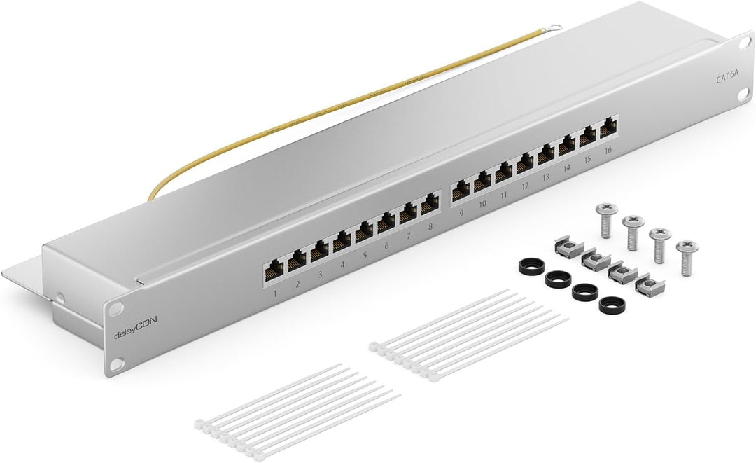 deleyCON CAT 6a Patchpanel Verteilerfeld 16 Port - Desktop 19" Zoll Rackeinbau Servermontage RJ45 Ge