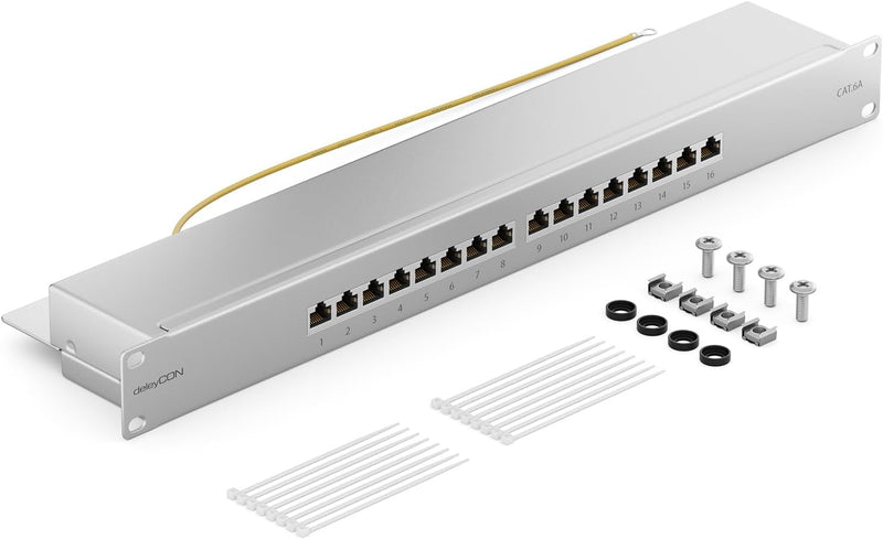 deleyCON CAT 6a Patchpanel Verteilerfeld 16 Port - Desktop 19" Zoll Rackeinbau Servermontage RJ45 Ge
