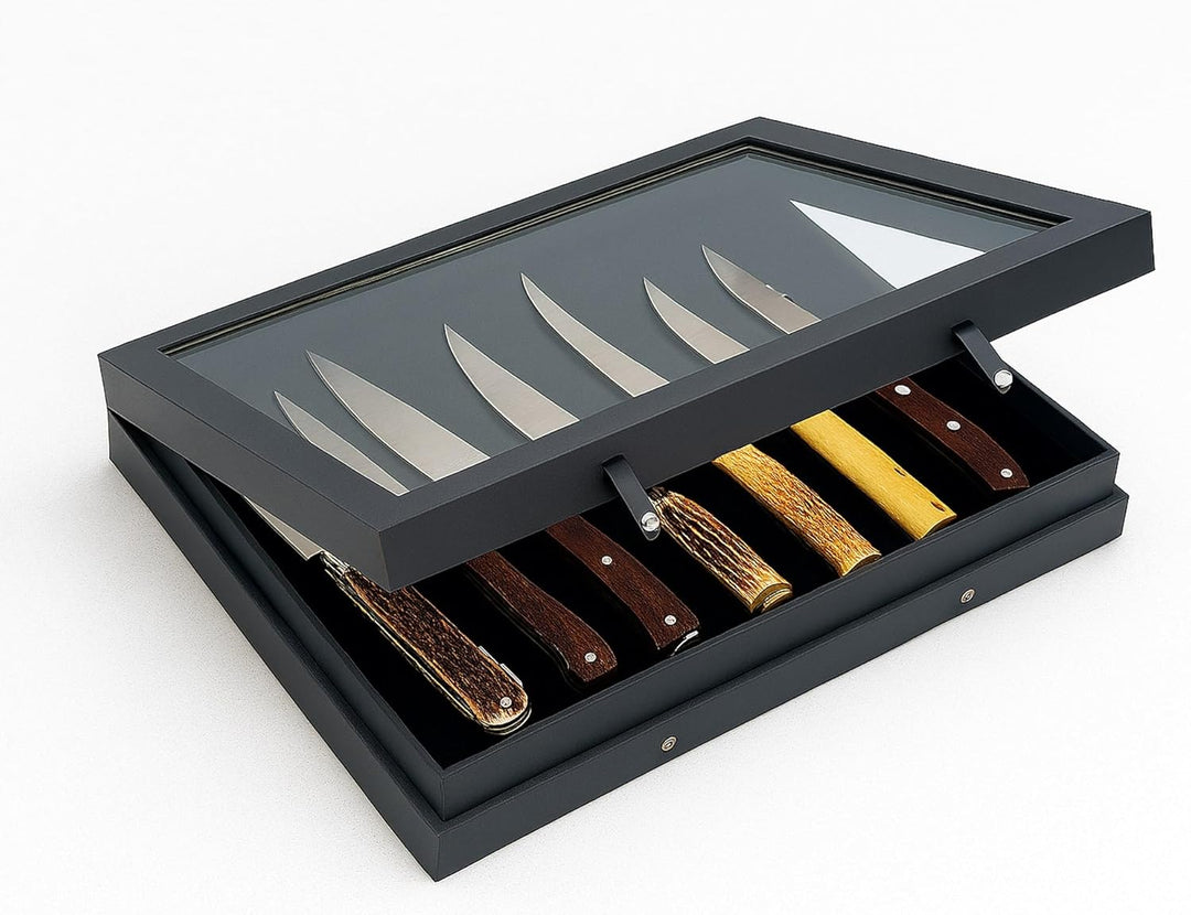 SAFE Professionelle Vitrine mit Doppel Magnetleiste Messer bis 29 cm | Scheibe aus Glas | Mattschwar