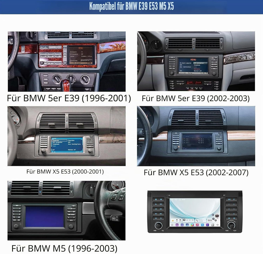 CAMECHO 2+64G Autoradio 7 Zoll Navi für BMW E39 E53 M5 X5 mit Rückfahrkamera, Android 13 Wireless Ca