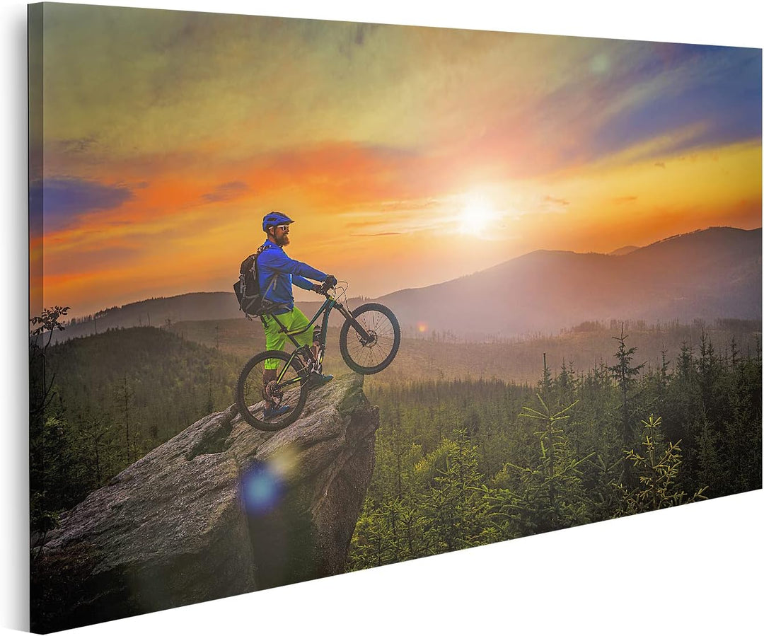 islandburner Bild auf Leinwand Mountainbiker Sonnenuntergang auf Fahrrad MTB Cross Country Downhill