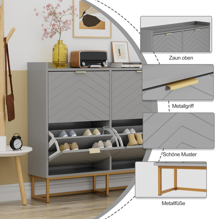 UEV Schuhschrank mit 4 Klappen,100x24x103,5cm Schuhkipper Schmal,Schuhkommode Flur Wohnzimmer Eingan