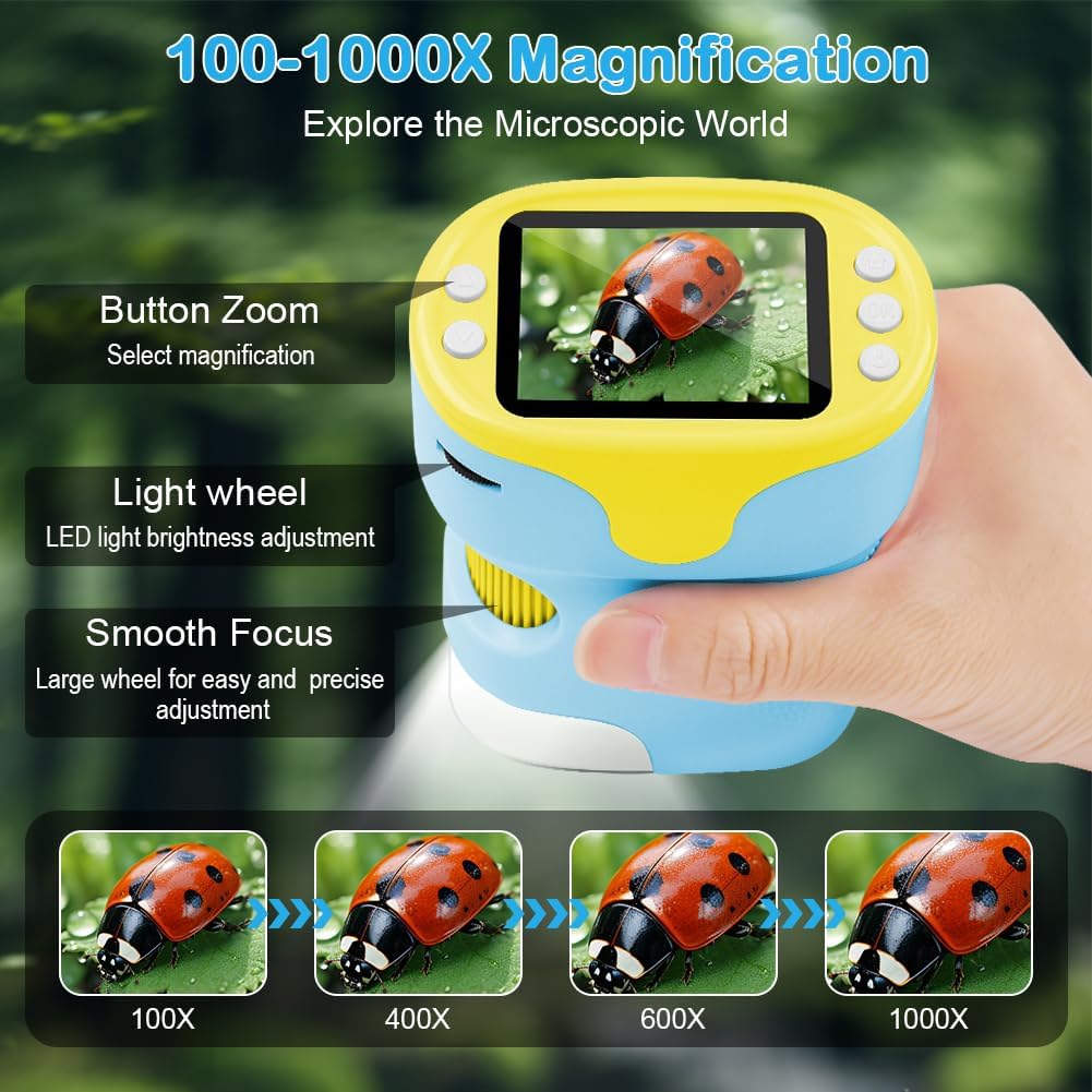 AXFEE Mikroskop für Kinder, 1000X Tragbares Taschenmikroskop mit LED, Mini-Mikroskop mit 2,0" LCD-Di