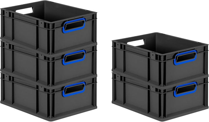 PROREGAL SparSet 5x Eurobox NextGen Color | HxBxT 17x30x40cm | 16 Liter | Griffe blau offen | Schwar