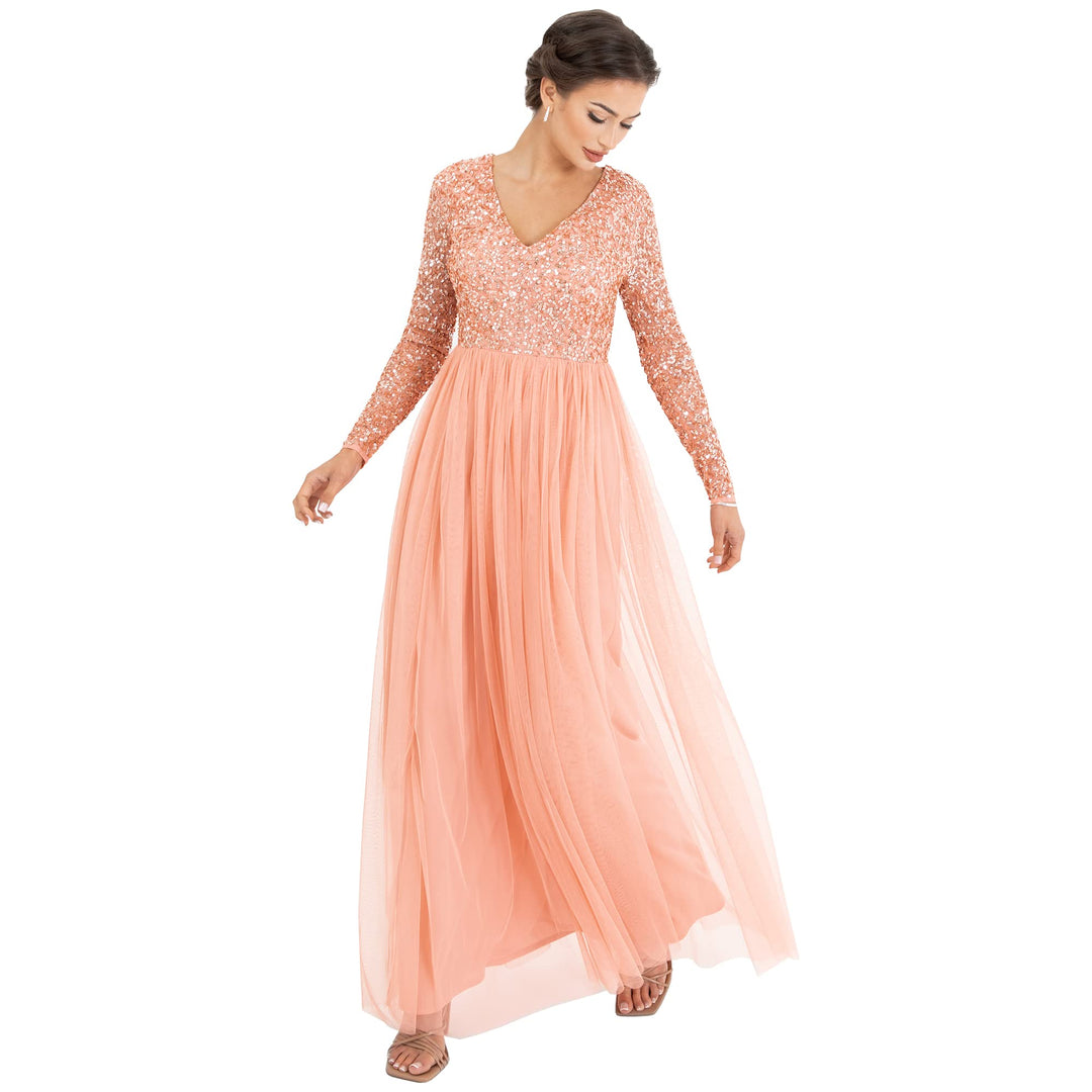 Womens Ladies Dress Sleeve for Wedding Guest V Neck High Empire Waist Maxi Long Length Evening Bride