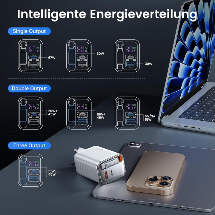toocki USB C Ladegerät, 3Port GaN Mehrfach Ladegerät mit Schnell Einziehbares Ladekabel,67W USB C Ne