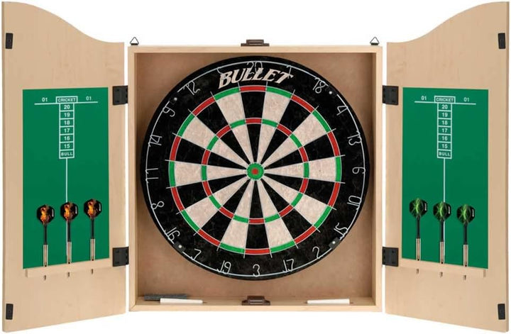Bullet Dartschrank aus Holz - Board aus Borsten-Sisal - 6-27x Steeldarts - mit Scoreboard im Inneren