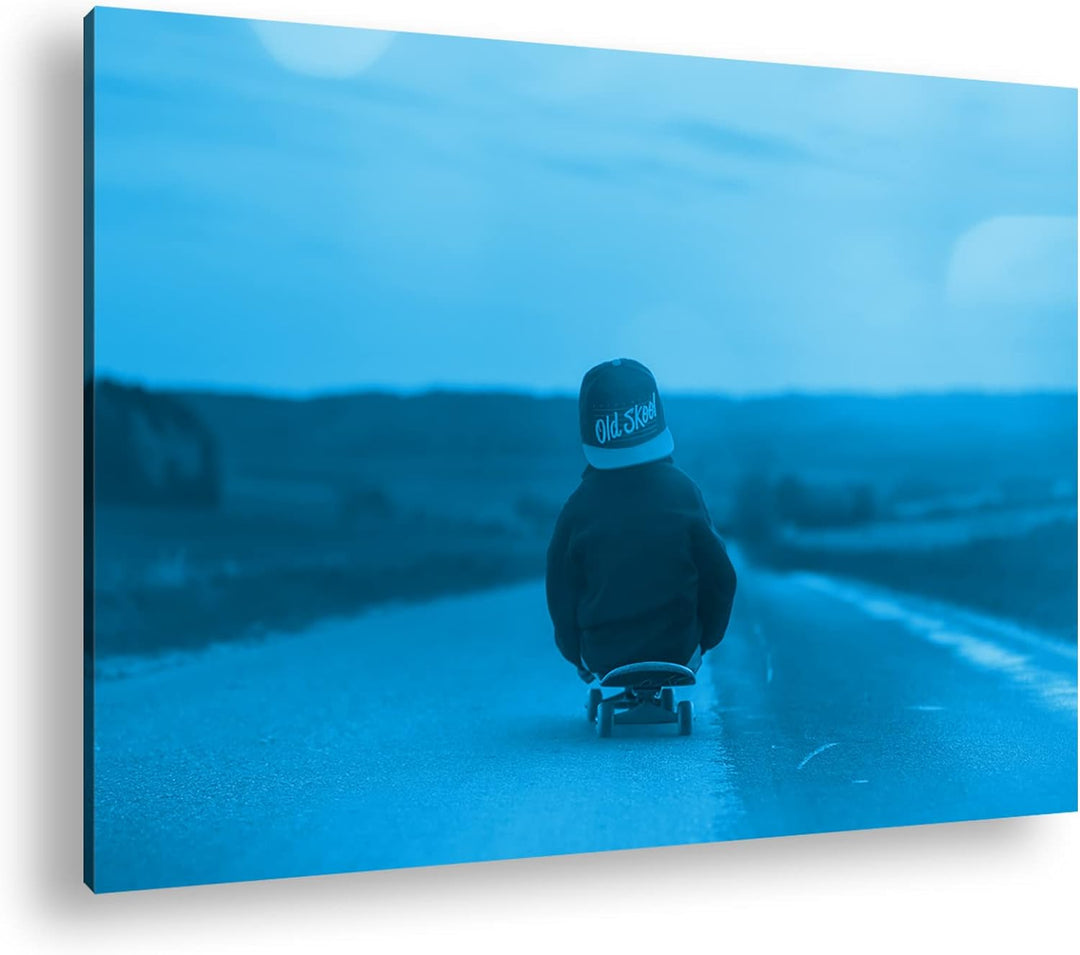 deyoli niedlicher Skater bei Sonnenuntergang Format: 80x60 Effekt: Monocrome Blau als Leinwandbild,