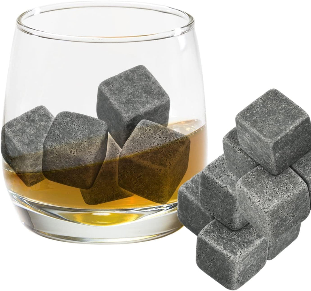 9 Stück Whisky Steine Set aus natürlichem Speckstein, on The Rocks Kühlsteine mit praktischen Stoffb