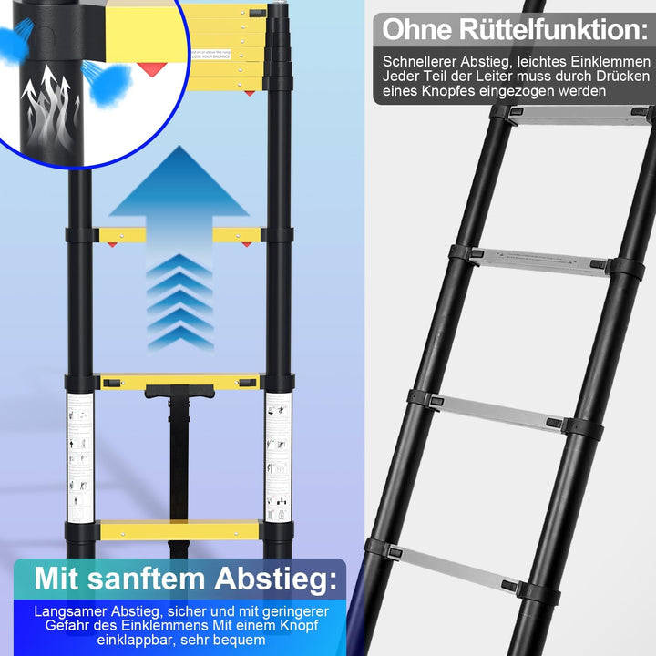 Fiqops 3,8 M Teleskopleiter Mit einem klick schrumpfbar, Rutschfester Aluminium Stehleiter 150 kg/33