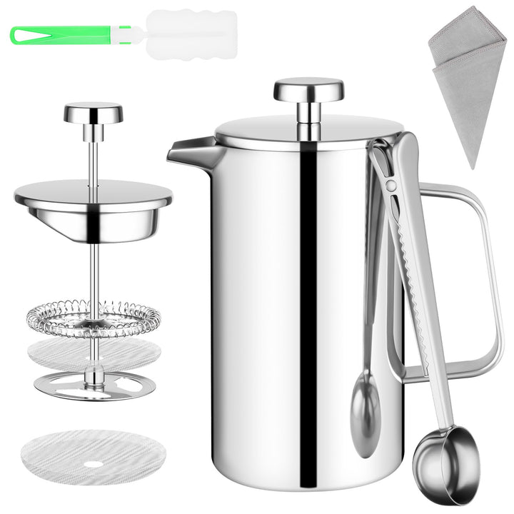 HOTUT French Press Kaffeebereiter, 350 ml Edelstahl Französische Presse mit Löffel, Ersatzfilter, Kl