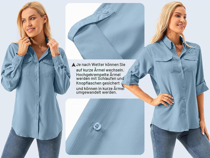 Asfixiado Damen Hemdbluse UV Shirt UPF 50+ Safari Kleidung Wanderbluse Damen Outdoor Cooling Quick D