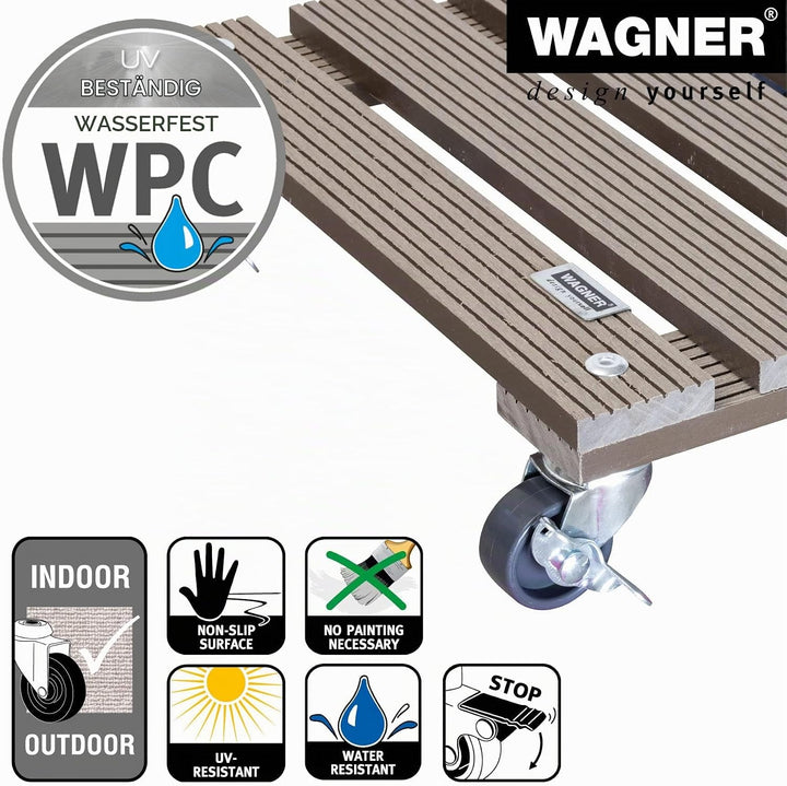 Wagner Pflanzenroller WPC 29 x 29 x 7,5 cm I Blumenroller für Aussenbereich + Innenbereich I Kübelro