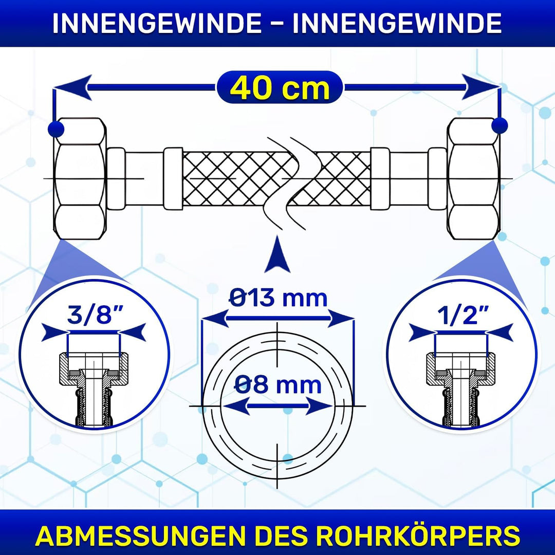 Flexibles Wasseranschluss 40 cm mit Edelstahlgewebe Innengewinde-Innengewinde 3/8” x 1/2” mit einem