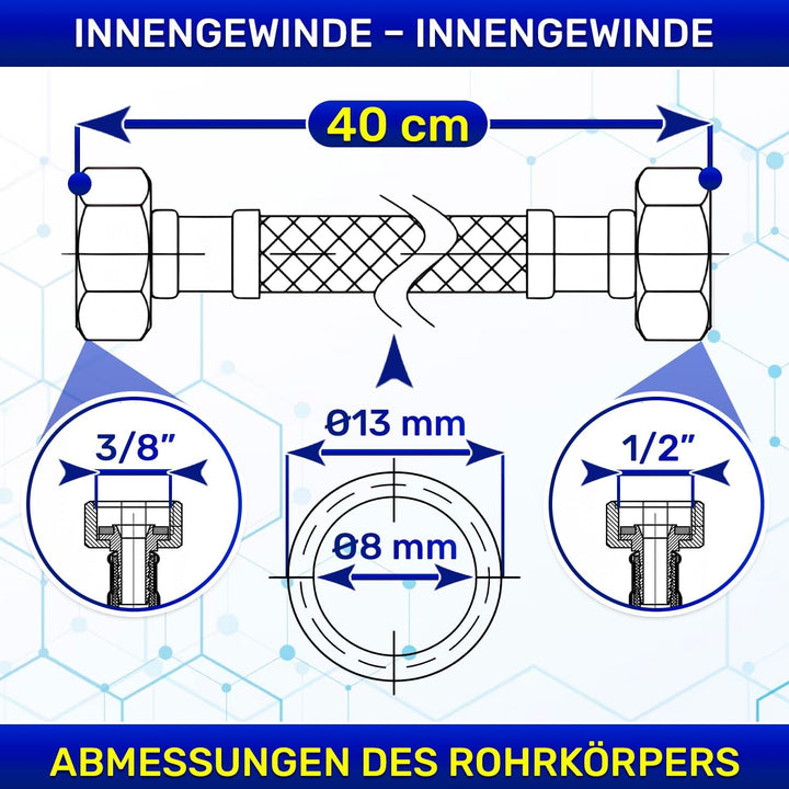 Flexibles Wasseranschluss 40 cm mit Edelstahlgewebe Innengewinde-Innengewinde 3/8” x 1/2” mit einem
