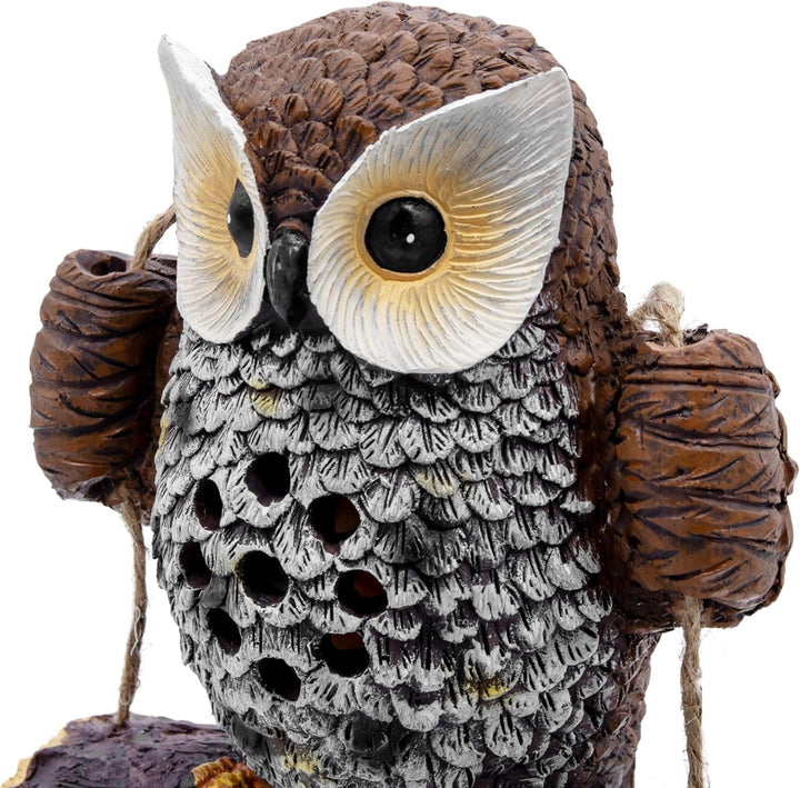 Spetebo Solar Gartenfigur Eule auf Schaukel zum Hängen - 17 x 14 cm - Eulenfigur warm weiss beleucht