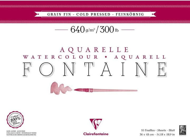 Clairefontaine 96359C Aquarellblock Fontaine (feinkörnig, 100% Hadern, 640g, 10 Blatt, hohe Reissfes