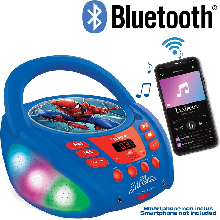 Lexibook - Marvel Spider-Man - Bluetooth-CD-Player für Kinder - Tragbar, Lichteffekte, Mikrofonbuchs
