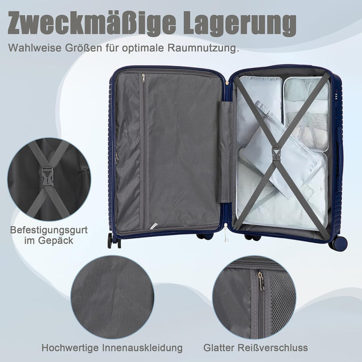 Hartschalen-Koffer Trolley Handgepäck Rollkoffer, Reisekoffer Set mit 4 Rollen, 3er Gepäckset, Blau