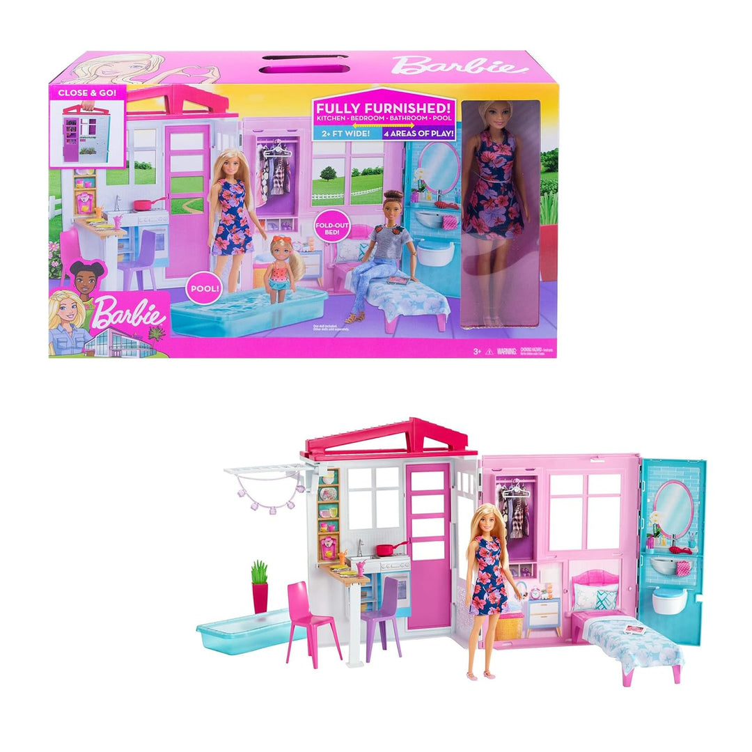 Barbie-Haus mit Küche, Schlafzimmer, Badezimmer, Pool, komplett eingerichtet Möbeln, verschliessbar
