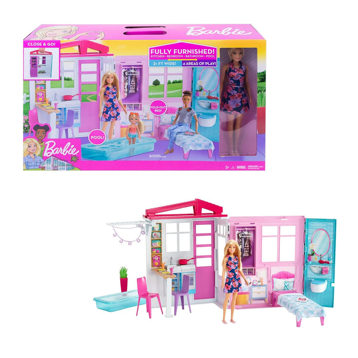 Barbie-Haus mit Küche, Schlafzimmer, Badezimmer, Pool, komplett eingerichtet Möbeln, verschliessbar
