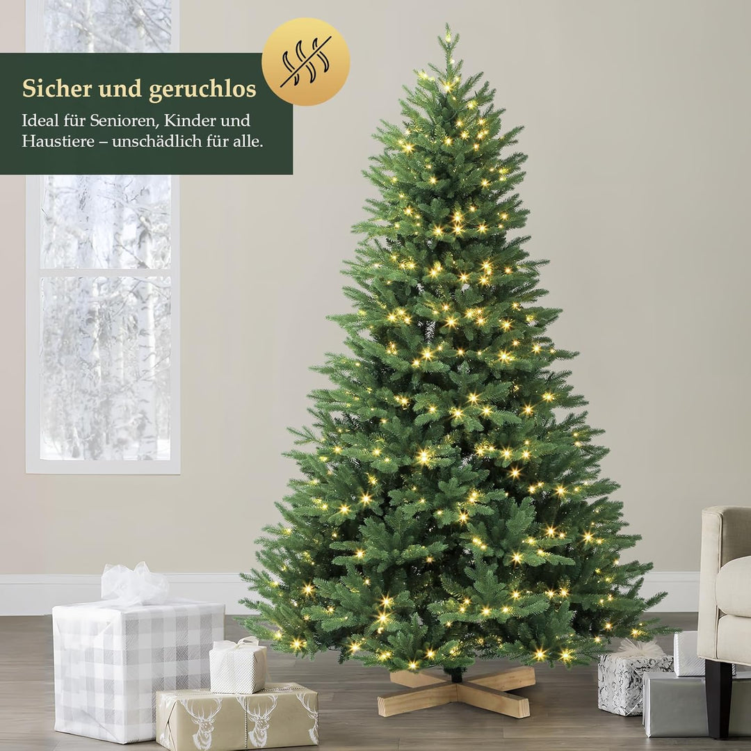 SALCAR Künstlicher Weihnachtsbaum 180 cm mit Warm LED-Beleuchtung und Holzständer, PE-Spritzguss und