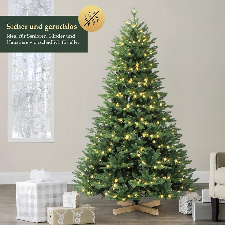 SALCAR Künstlicher Weihnachtsbaum 180 cm mit Warm LED-Beleuchtung und Holzständer, PE-Spritzguss und