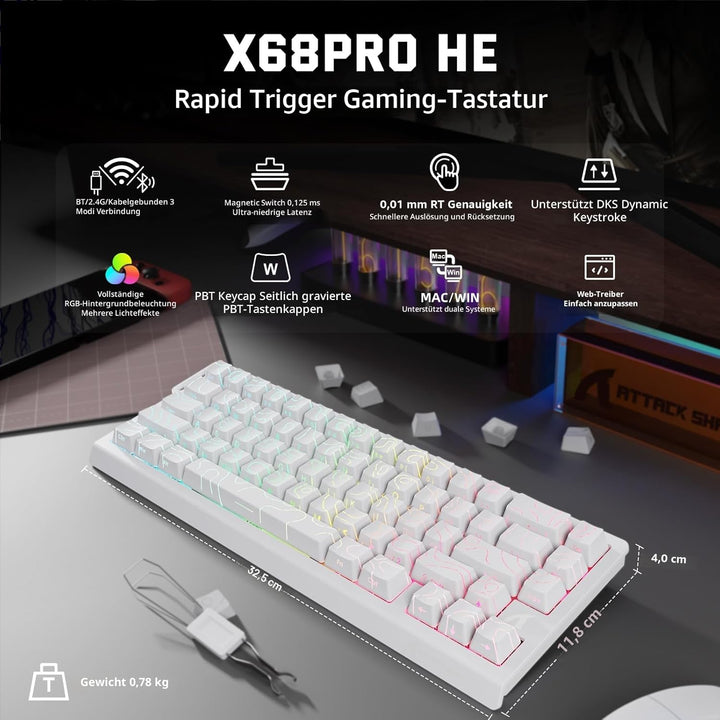 ATTACK SHARK 3-in-1 Kabellose X68PRO HE-Tastatur&X11-Gaming-Maus&Spiral-C01PRO-Kombination,BT/2,4G/W