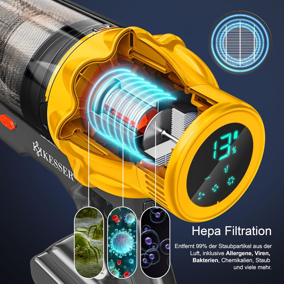 KESSER® Akku Staubsauger kabellos bis 70 Min. Laufzeit &amp; Leise | Akkustaubsaguer mit LED Display Sta