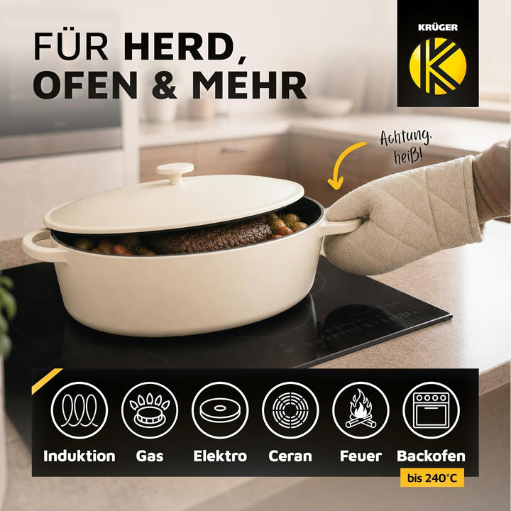 Karl Krüger Eisenguss Bratentopf oval Savanna, creme/schwarz, 34 cm, Creme