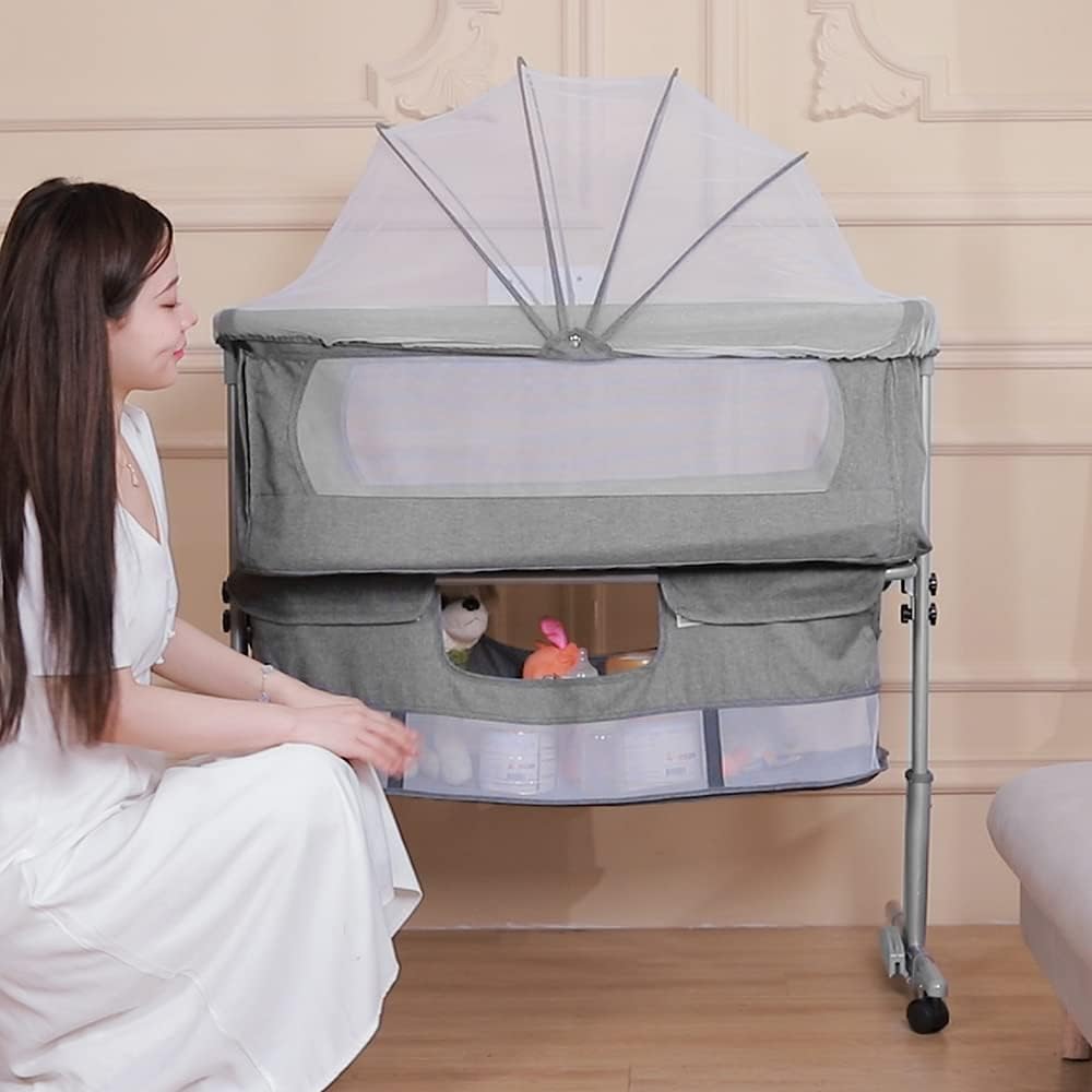 homewell 3 in 1 Babybett Beistellbett, Wiege mit Moskitonetz und Aufbewahrungskorb, Faltbares, Neigu