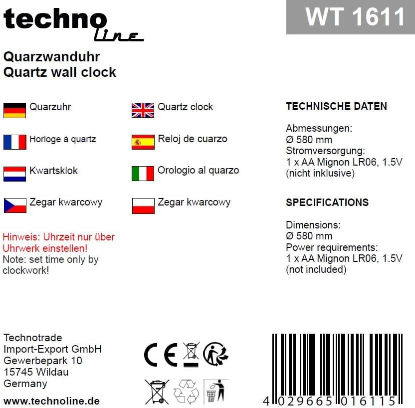 Technoline WT1611 grosse, analoge Wanduhr WT 1611, quarz, technoline,Metall/MDF, braun, Ø 58 cm