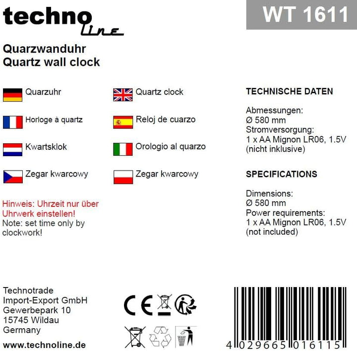 Technoline WT1611 grosse, analoge Wanduhr WT 1611, quarz, technoline,Metall/MDF, braun, Ø 58 cm