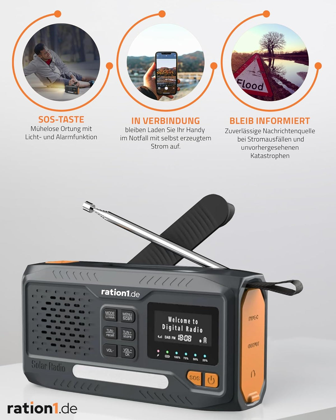 ration1 Kurbelradio DAB+, tragbares Solar Radio, Outdoor Radio, Notfallradio mit Handkurbel, Power B