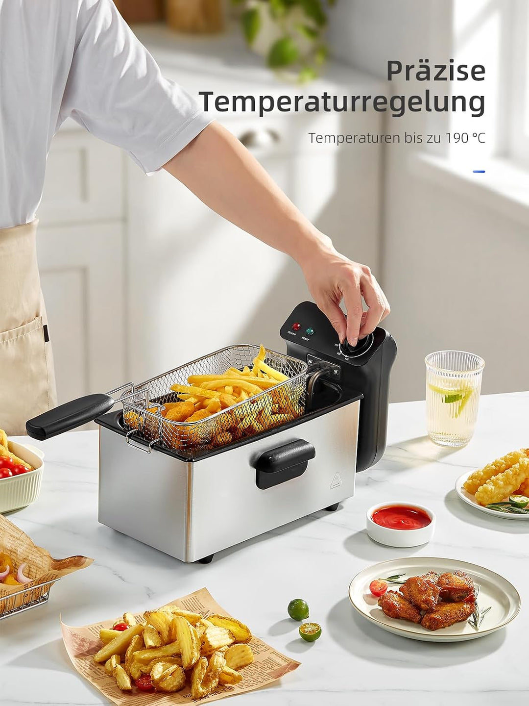 Fritteuse 3 Liter, Cool Zone Technologie, Verstellbarer Thermostat bis 190°C, 2000W Kaltzonenfritteu