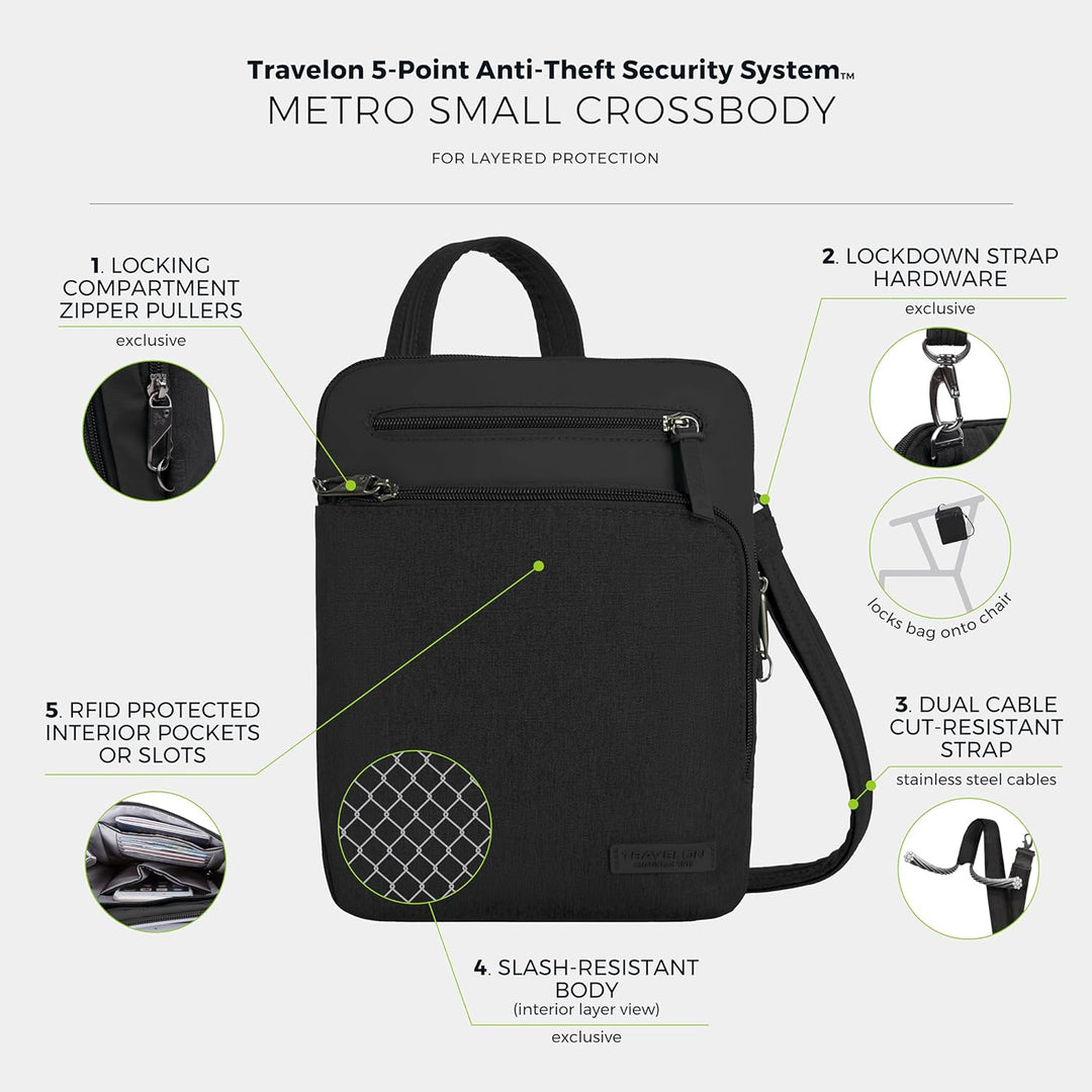 Travelon Unisex Diebstahlschutz Metro Small Crossbody Umhängetasche 9.75 x 10.75 x 2 Schwarz, 9.75 x