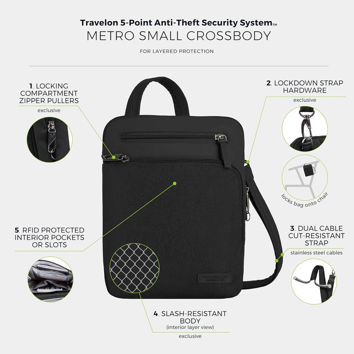 Travelon Unisex Diebstahlschutz Metro Small Crossbody Umhängetasche 9.75 x 10.75 x 2 Schwarz, 9.75 x