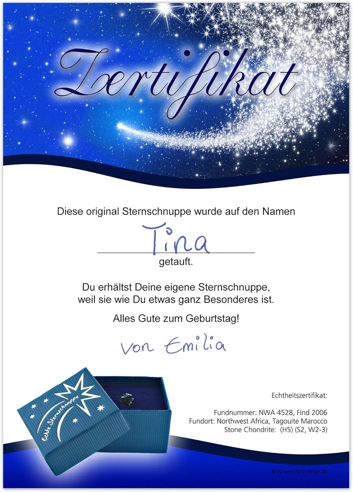 Echte Sternschnuppe in Geschenkbox mit Widmung zum Geburtstag - Meteorit mit Echtheitszertifikat und