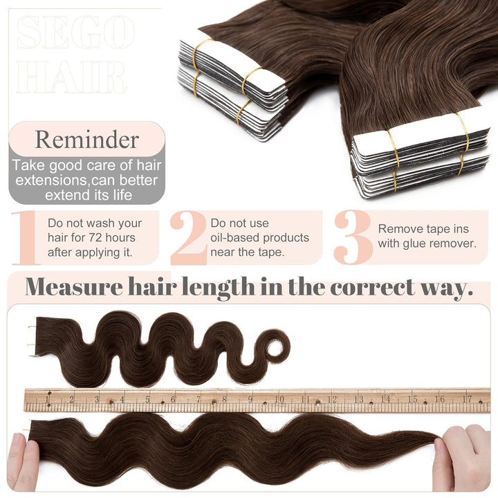 SEGO Tape Extensions Echthaar GEWELLT 14zoll/35cm 20 Stück Klebeband Haarverlängerung 100% Remy Haar