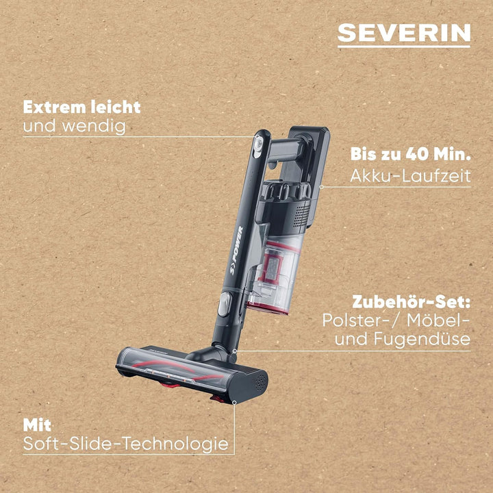SEVERIN 2-in-1 Stiel- und Handstaubsauger, Akku Staubsauger mit bis zu 40 Min. Laufzeit, kabelloser